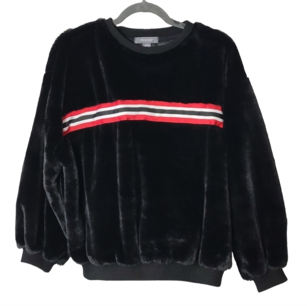 Primark Black Plush Velour Sweatshirt S Retro Sportif Varsity Stripe Y2K